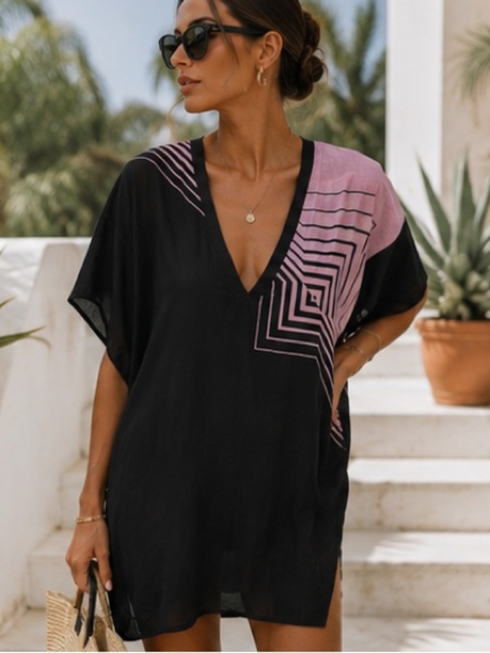 Lise Charmel 100% Silk Resort Cover Up Kaftan Tunic Pink Black Geometric Print